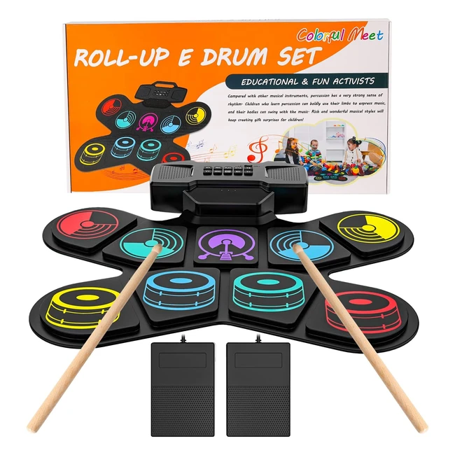 Uverbon Electronic Drum Set for Kids - Colorful Roll Up Kit with USB Charging, Bluetooth, MIDI, and Built-In Speakers