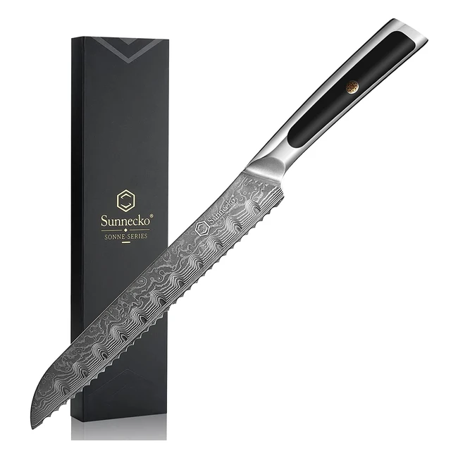 Sunnecko 8-inch Serrated Bread Knife - VG10 Damascus Steel Blade for Homemade Bread