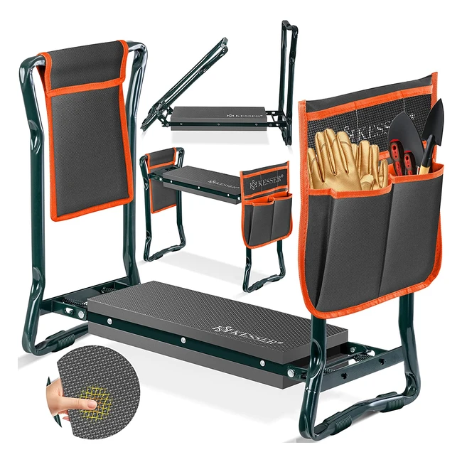 Kesser XXL Garten-Kniebank mit Werkzeugtaschen | Eva-Schaum Sitzpolster | Faltbarer Gartenhocker | 150 kg Tragkraft | Anthrazit-Orange