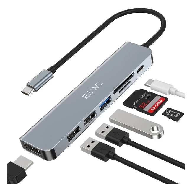 Jeswo Hub USB C 7 in 1 - Adattatore Alluminio con HDMI 4K, USB 3.0, Lettore Schede SD/TF, Ricarica PD 100W - Compatibile con MacBook Pro/Air, iPad Pro, Dell XPS e altri dispositivi Type C