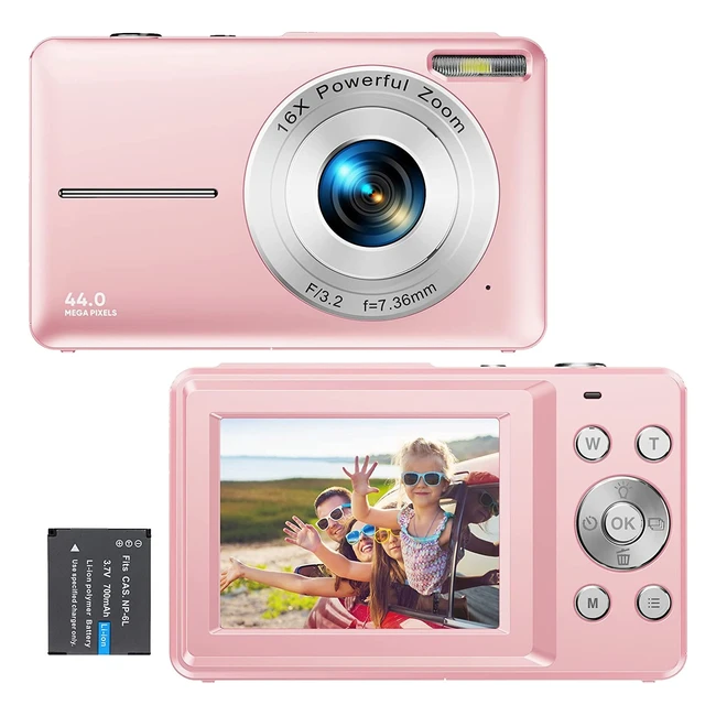 Compact Digital Camera 1080p FHD 44MP with 16x Zoom and LCD Screen - Ideal for Vlogging, Students, and Children - Pink