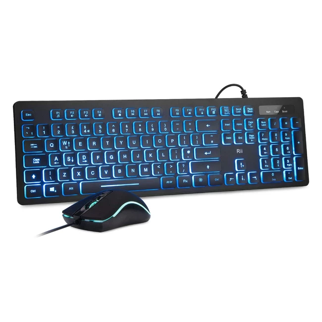 RII RK105 Backlit Keyboard and Mouse Bundle - Full Size UK Layout - Three Color Backlit - Ideal for Office and Home