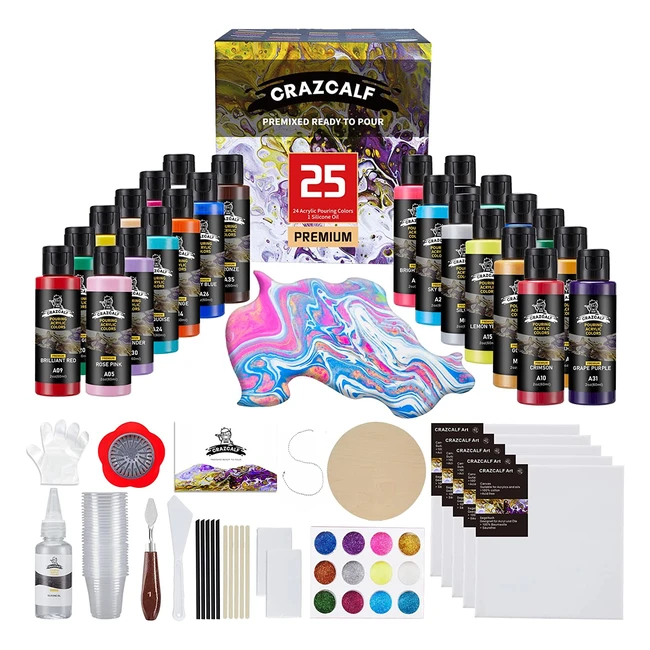 Crazcalf Acrylic Pouring Paint Set - 25 Colors 60ml, High Flow Liquid Paint Kit with Silicone Oil, Canvas Board, Calf Keychain - Ideal for Beginners