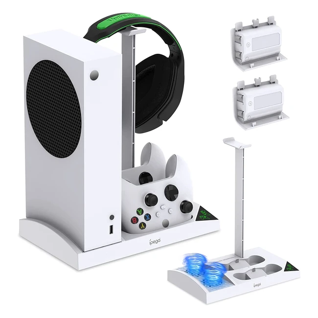 Xbox Series S Cooling Stand with Dual Fans, Controller Charger Dock, 2x1400mAh Rechargeable Batteries, and Headset Holder
