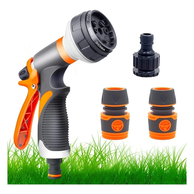 Garden Hose Spray Gun Set - 8 Patterns, High Pressure Nozzle, Perfect for Watering Plants or Lawns, Showering Pets, Car Washing, Cleaning Windows - Includes Connectors