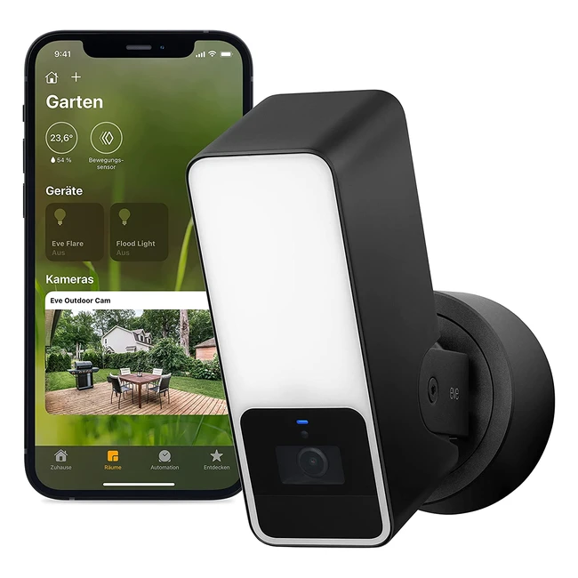 Eve Outdoor Cam - Smarte Überwachungskamera mit Flutlicht, HomeKit Secure Video, 1080p Nachtsicht und Bewegungserkennung