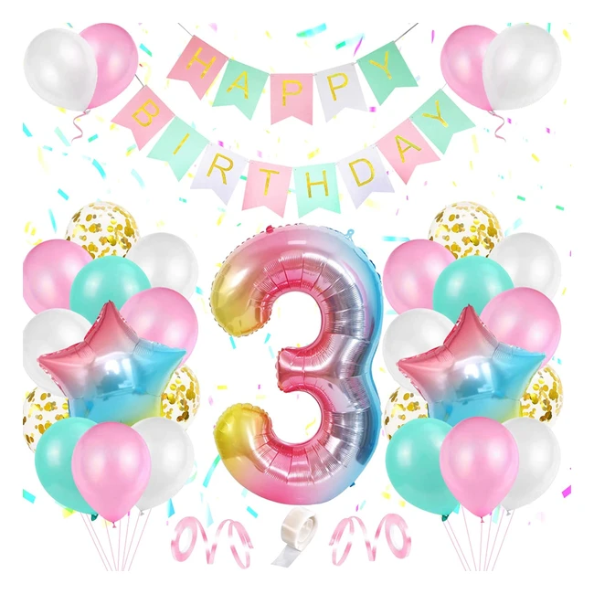 Decorazioni compleanno 3 anni ragazza con palloncino arcobaleno rosa e coriandoli - Super Value Pack