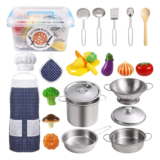 SundayMot Kids Kitchen Play Set - Stainless Steel Cookware, Utensils, Apron, Chef Hat, Cutting Vegetables - for 3 Year Old Kids Girls Boys Toddlers