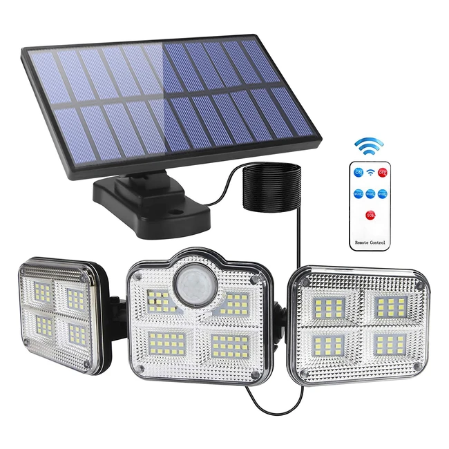 Foco Solar LED Exterior con Sensor de Movimiento y 3 Cabezales Ajustables - Luz Solar Impermeable con Control Remoto y Cable de 165 pies