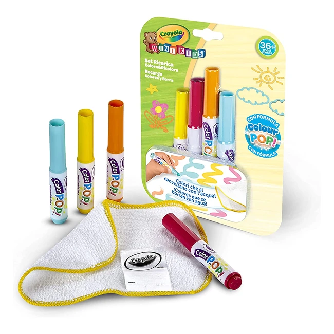 Kit rechargeable Crayola Mini Kids avec 4 feutres lavables et chiffon de nettoyage - Assortiment de couleurs vives - Lot de 4