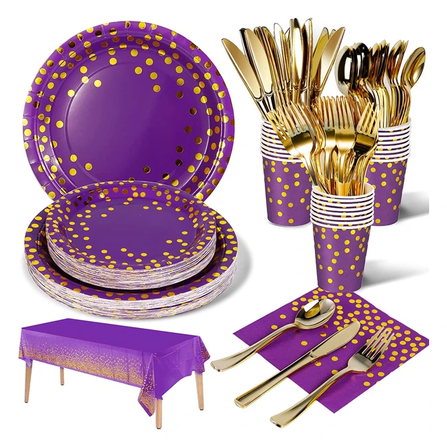 Set de Vajilla de Fiesta Reutilizable 141 Piezas - Violeta con Puntos Dorados - Para 20 Invitados
