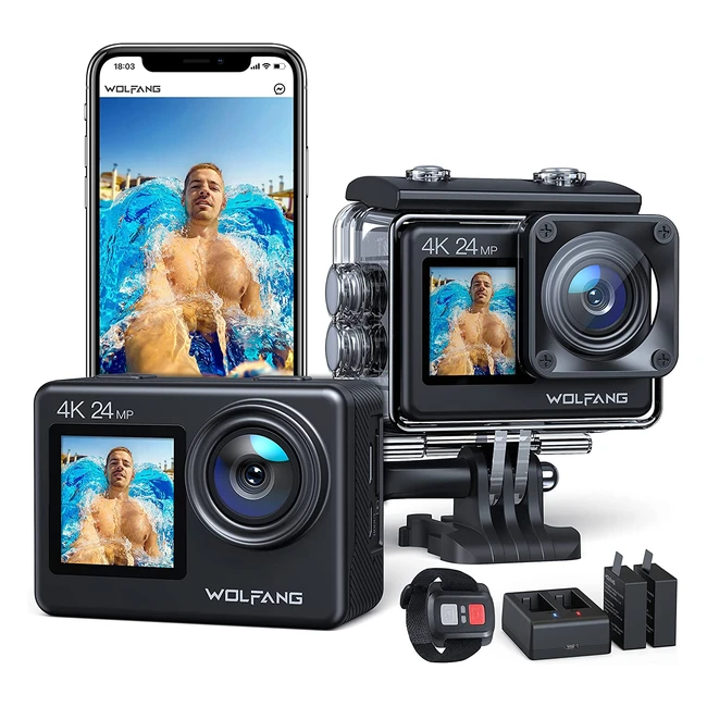 Caméra sport Wolfang GA200 4K 24MP double écran, étanche, grand angle, stabilisateur EIS, télécommande, kit d'accessoires