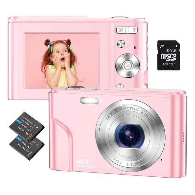Fotocamera Digitale Compatta 48MP 1080P HD con Scheda 32GB - Zoom Digitale 16x - Macchina Fotografica per Bambini e Adulti