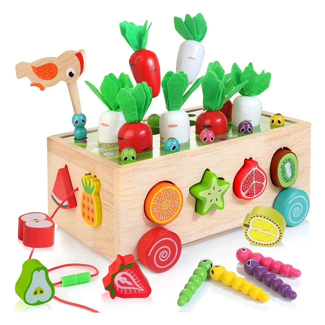 Montessori 5-in-1 Wooden Educational Toy for Toddlers - Woodpecker Catching, Carrot Harvesting, Sorting Puzzles, and Stacking Cubes - Ages 2-6