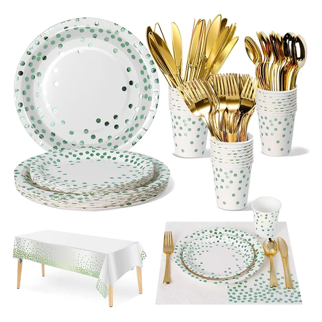 nkaiso Party Tableware Set for 20 Guests - Green Dots Theme - Perfect for Kids Birthday Parties, Weddings, Showers and Engagements