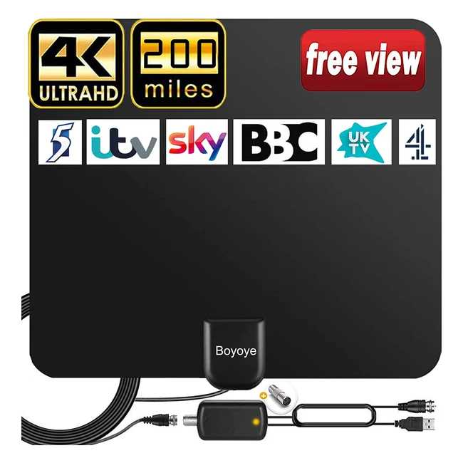 Boyoye TV Aerial 2023 - Indoor Long Range 200 Miles - 4K 1080p HD VHF UHF - Smart Amplifier Signal Booster - 17ft Coax Cable