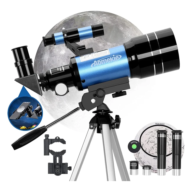 Télescope astronomique Aomekie 70mm pour enfants - Puissant 150x avec adaptateur smartphone, trépied, lentille Barlow et chercheur