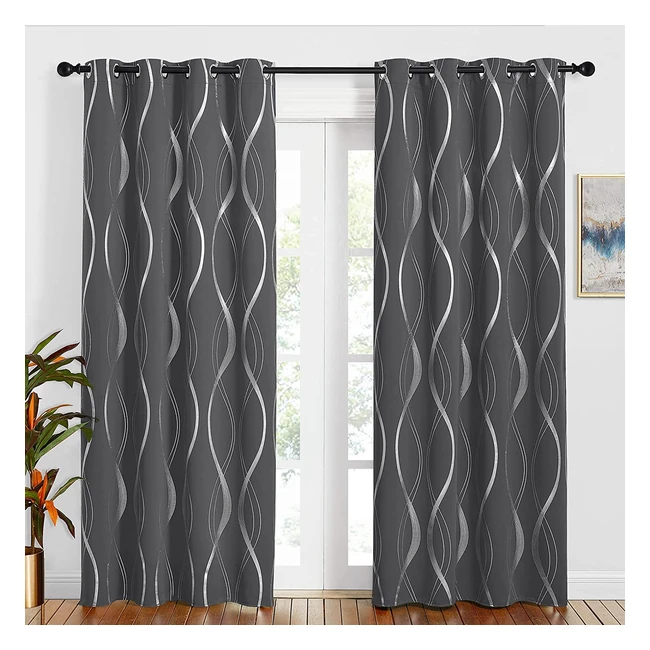 Pony Dance Blackout Curtains - Silver Wave Line Foil Printed, 84 Inch Drop, Grey, Sold as Pair