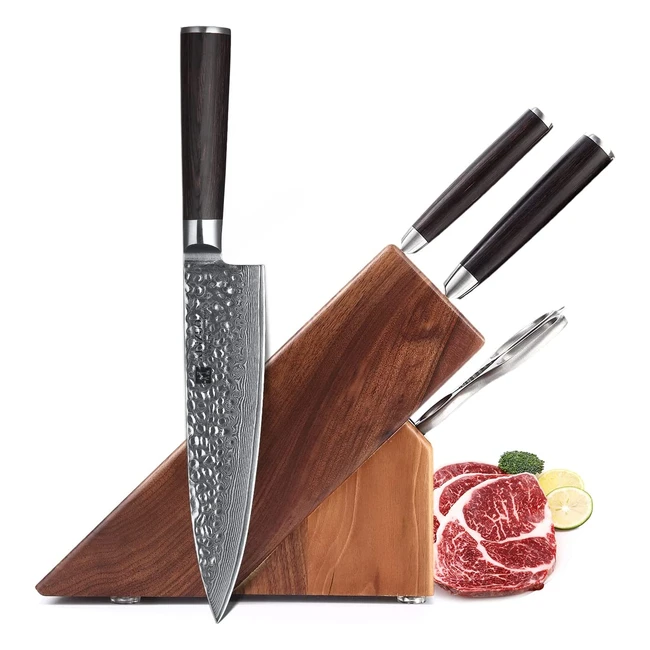 Set 5 coltelli da cucina in acciaio damasco Xinzuo - professionale, santoku, multiuso, forbici e blocco coltelli in legno di noce