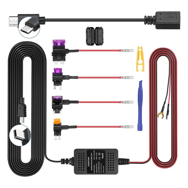 Dash Cam Hardwire Kit - 13ft Power Cord - Mini/Micro USB - Low Voltage Protection - 24 Hour Surveillance
