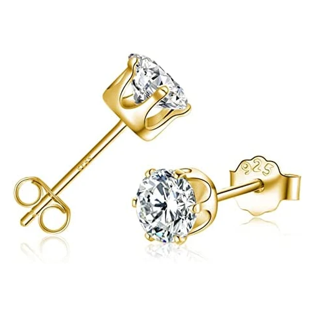 18k Gold Plated Sterling Silver Stud Earrings with AAAA Cubic Zirconia - Hypoallergenic Sleeper Cartilage Studs for Women, Men, and Girls - Sizes 3-6mm - Jewelry Bag Included