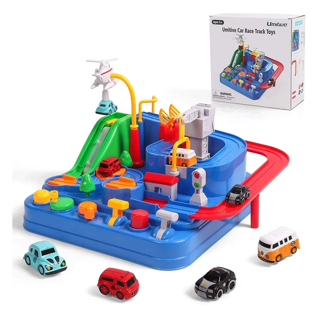 Pista macchinine giocattolo con 4 auto, elicottero e 6 pulsanti di comando - Gioco di avventura creativo per bambini 3-8 anni