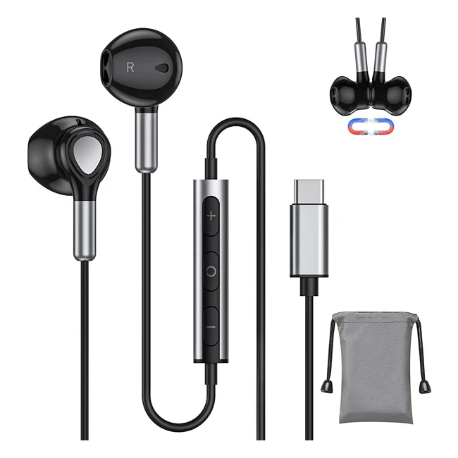 Ecouteurs USB C Hifi Stéréo Magnétique avec Micro et Contrôle du Volume pour Samsung, Huawei, OnePlus, Google Pixel, iPad Pro - Qualité sonore supérieure