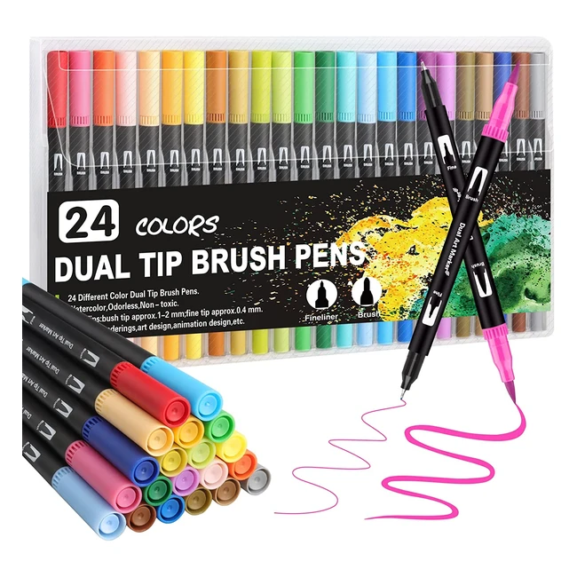 Gelanty Dual Tip Brush Pens - 24 Colors for Adults & Children - Felt Tips for Drawing, Sketching, Coloring Book - Fine Liners & Brush Tips