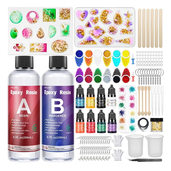 Aollen Epoxy Resin Kit for Beginners - Crystal Clear 400ml with Moulds, Pigments, Glitter, Gold Leaf, and Dried Flowers