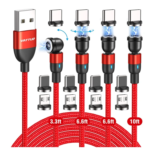 Vattud Magnetic Charging Cable - 4 Pack 33ft/66ft/66ft/10ft - 540 Degree Rotating Magnetic Phone Charger Cable - 3 in 1 Nylon Braided Magnetic USB Cable for Type C, Micro USB