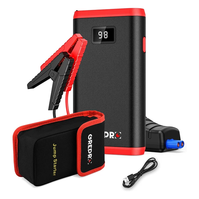 Grepro Jump Starter Power Pack - Up to 45L Gas/25L Diesel - 1000A Car Battery Booster and Power Bank - LCD Screen and LED Flashlight - Red