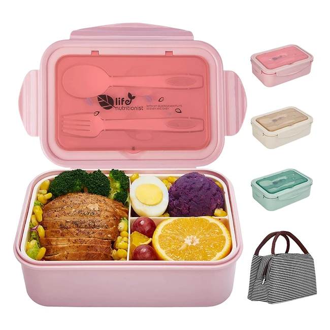 Shaknife Bento Box 1400ml Leakproof Lunch Container with Lunch Bag, Spoon, Fork - 3 Compartment Pink