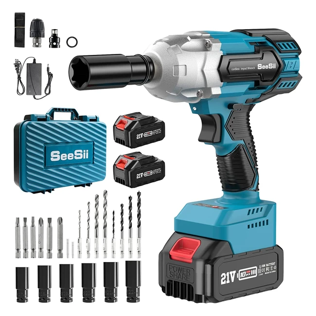 Seesii Brushless Impact Wrench - 479ftlbs/650nm Max Torque, 2x 40 Battery, 6 Sockets, 9 Drill Bits, 6 Screws - High Torque Power Impact Wrench for Car & Home (WH700)
