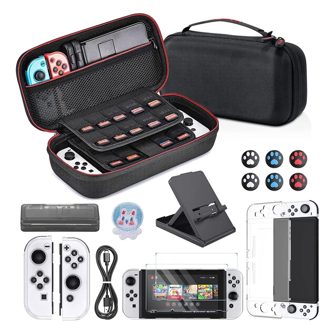 Younik Switch OLED Accessories Bundle - 16 in 1 Kit with Carrying Case, Screen Protectors, Protective Covers, Adjustable Stand, and More