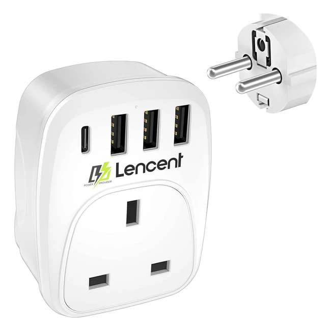 Lencent UK to EU Travel Adapter with 3 USB Ports and Type C | Grounded Euro Plug for Germany, Spain, France, Portugal, Greece, and More