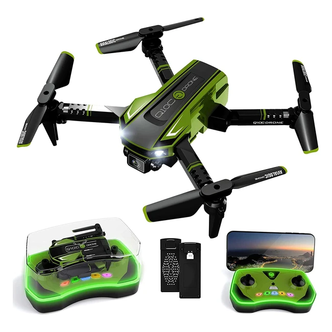 Q10C Mini Drone with 720P HD Camera - Foldable FPV RC Quadcopter for Kids and Adults - 2 Batteries - Long Flight Time - Green