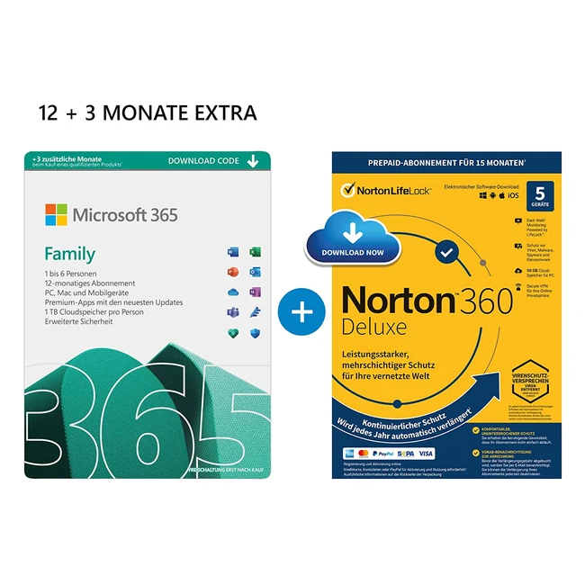 Microsoft 365 Family – 6 Nutzer, 123 Monate, mehrere Geräte – inkl. Norton 360 Deluxe