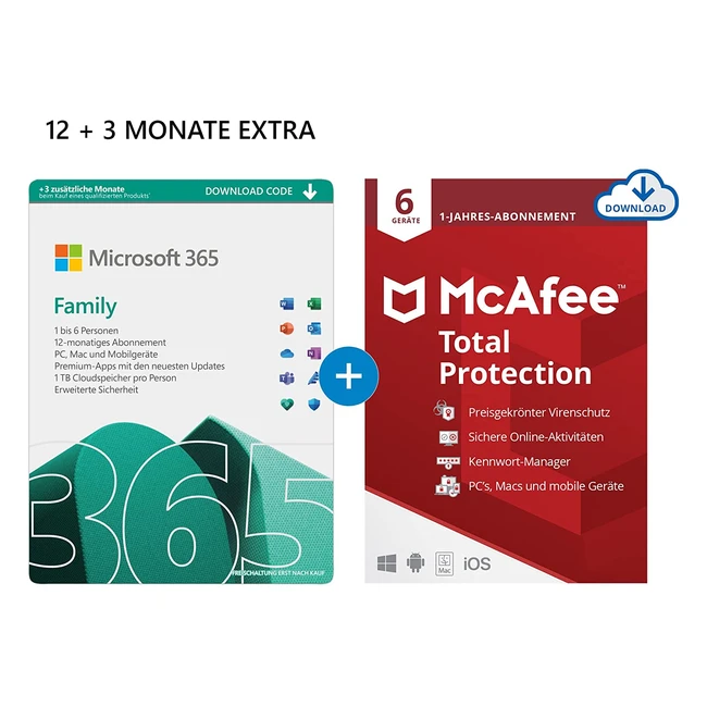 Microsoft 365 Family Abonnement - 123 Monate - Bis zu 6 Nutzer - Mehrere PCs/Macs, Tablets/Mobile Geräte - McAfee Total Protection - Download Code