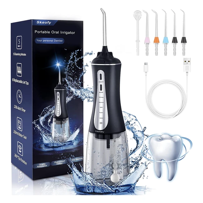 Skeufy Cordless Water Flosser with 6 Jet Tips - Powerful Dental Irrigator for Deep Cleaning - Rechargeable, Portable, IPX7 Waterproof