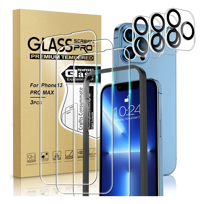 Yastouay 33 Pack Screen Protector for iPhone 13 Pro Max - 3x Camera Lens Protector, 3x Tempered Glass with Alignment Frame, Easy Install, Multiple Defense, HD, Bubble-Free, Case-Friendly