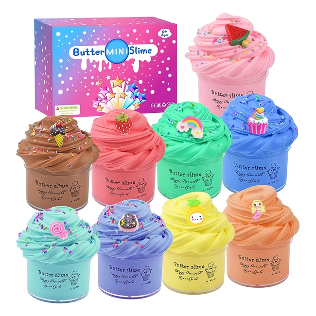 Fluffy Butter Slime Kit - 9 Pack Mini Slime Party Favors with Cute Charms - Soft and Nonsticky for Tactile Stimulation - Perfect for Kids