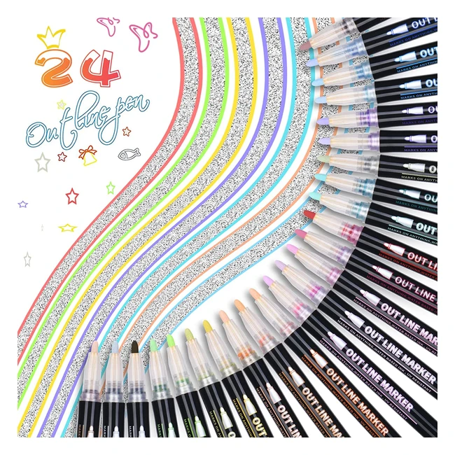 Vicloon Double Line Outline Pens - 24 Colors Metallic Markers for Writing, Drawing, Scrapbooking, DIY Art Crafts