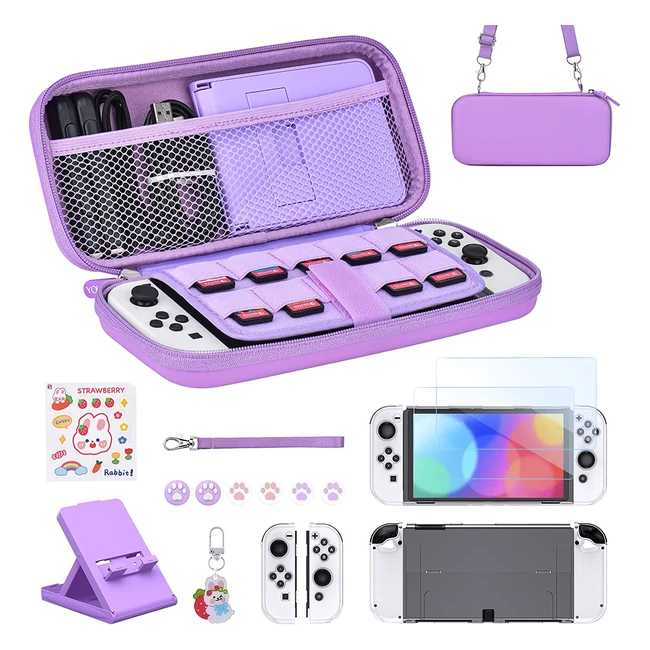 Younik Switch OLED Accessories Bundle - 15 in 1 Purple Kit with Carrying Case, Stand, and Protective Gear for Switch Console and Jcon
