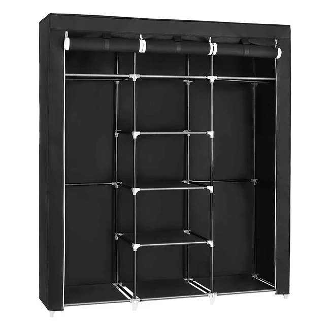 Songmics Canvas Kleiderschrank mit 2 Kleiderstangen und 9 Regalen, Schwarz, 175 x 150 x 45cm