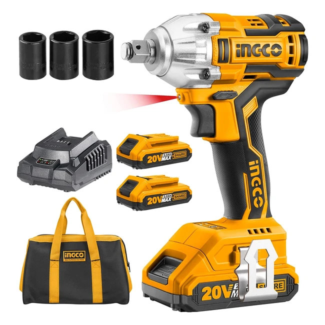 Ingco Brushless Impact Wrench 20V with 2 Batteries & Charger - 300Nm Torque