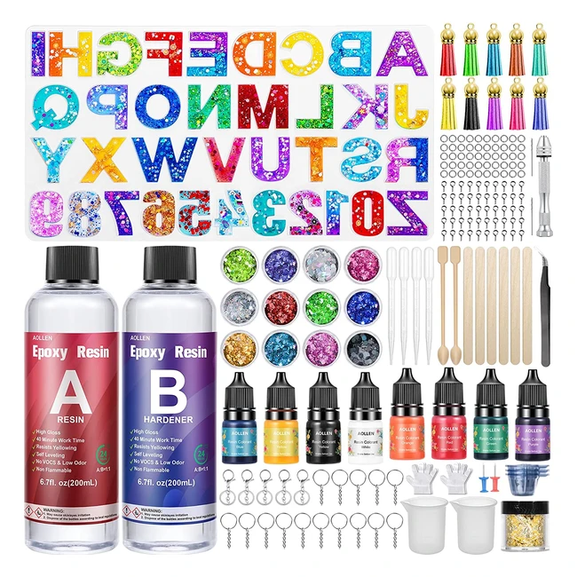 Aollen Epoxy Resin Kit for Beginners - 186 Pcs Letter Number Silicone Moulds Keyring Making Kit - Crystal Clear Resin Accessories with Pigment, Glitter, Sequin, Gold Leaf - #DIYcrafts
