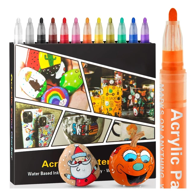 12 Color Acrylic Paint Pens for Rock Painting Stone Ceramic Glass Wood Fabric Canvas Porcelain Metal - Non-Toxic and Long-Lasting