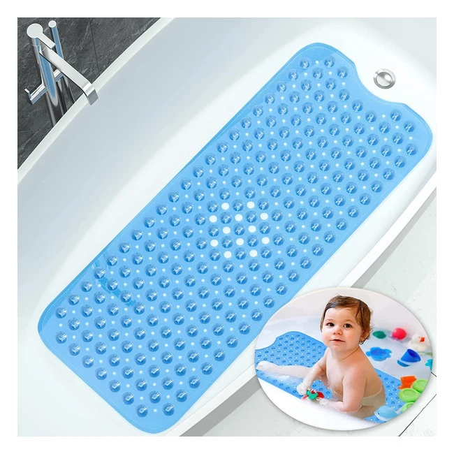 Tapis de bain extra-long anti-glisse avec ventouses solides, bleu