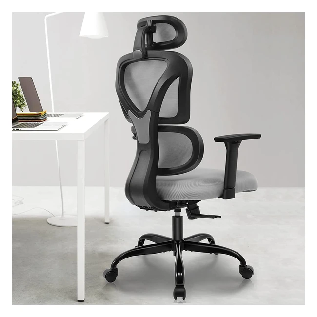 Chaise de bureau ergonomique Kerdom - Support lombaire et accoudoirs réglables - Maille respirante - Haut dossier - Gris