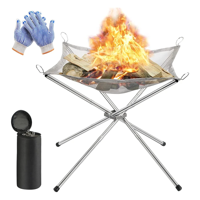 Portable Fire Pit for Camping - Folding Fireplace with Heat Resistant Gloves and Carrying Bag - Stainless Steel Mesh BBQ Fire Bowl for Picnics, Bonfires, Patio, Backyard, and Garden